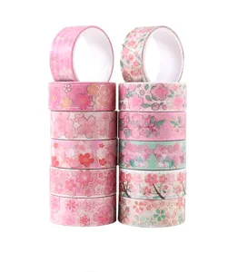 Cherry blossom gold foil washi tape set of 12 rolls, perfect for DIY journaling and crafts.