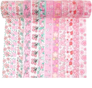 12 rolls pink cherry blossom washi tape set, gold foil decorative masking tape for DIY craft.