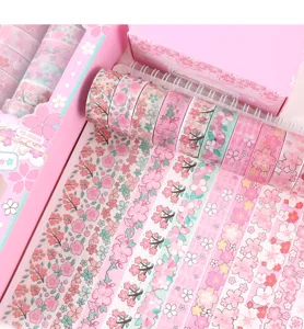 Pink cherry blossom washi tape set detail showing decorative patterns and gift box packaging.