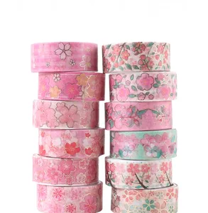 Cherry blossom washi tape set, 12 rolls decorative masking tape for DIY scrapbooking journal.