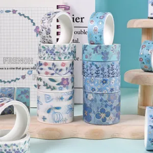 Blue floral washi tape set decorative masking stickers for journaling scrapbooking crafts supplies