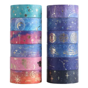 12 Rolls Galaxy Washi Tape Set Gold Foil Starry Sky Constellation Decorative DIY Journal Stickers