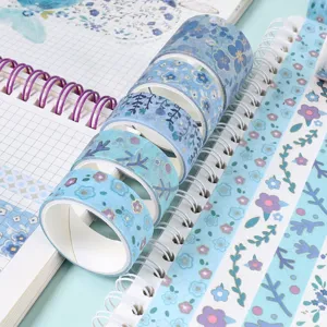 Blue floral washi tape set for journaling, cute decorative masking tapes and planner stickers.