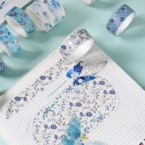 Blue floral washi tape set decorative stickers for journaling and DIY crafts aesthetic.