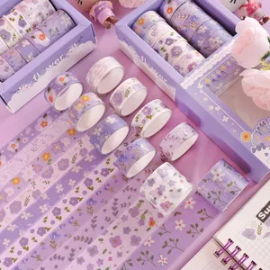 Purple Floral Washi Tape Set Hot Stamping Decorative Adhesive Tape For Journaling DIY Craft Scrapbook Stationery