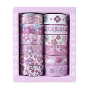 Purple cherry blossom washi tape set 12 rolls gold foil journaling DIY decorative tape
