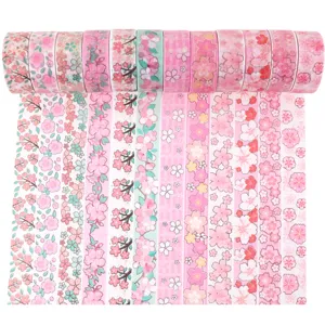 Cute cherry blossom washi tape 12-roll set, pink gold-stamped DIY decorative journal masking tape.