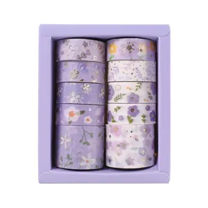 Purple floral washi tape set with ten rolls in a lovely box, perfect for journaling and DIY crafts.