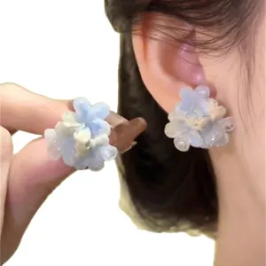 Sweet gradient blue flower earrings for women, stylish vacation style resin floral ear studs.