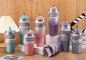 Detailed view of colorful 30oz diamond glitter stainless steel vacuum insulated tumblers