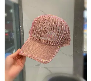 Femme été strass tricoté creux casquette baseball élégant brillant chapeau soleil rose