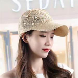 Femme été perle strass tricoté évidé casquette de baseball chapeau de soleil élégant respirant