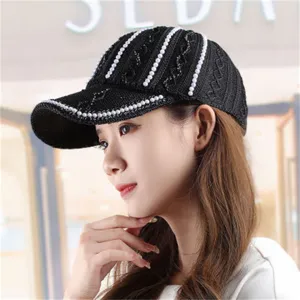 Femme ete casquette de baseball tricotée noire avec perles strass ajouré élégant chapeau soleil