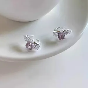 Korean style square crystal pearl earrings detail view, elegant fashion jewelry accessories.