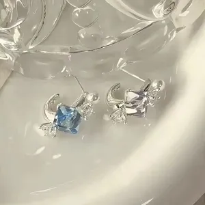 Korean style colorful square crystal pearl stud earrings, unique niche delicate fashion earrings.