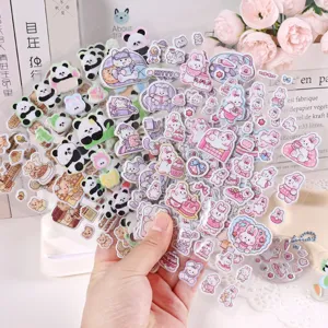 Cute cartoon animal food journal stickers, glossy 3D bubble stickers, detail view for DIY decor.