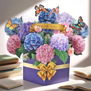 Carte de vœux pop-up 3D fleurs d'hortensia avec papillons et boîte cadeau élégante.