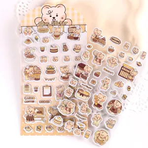 Cute cartoon bear sticker sheet, shiny 3D puffy stickers for diary decoration and crafts.