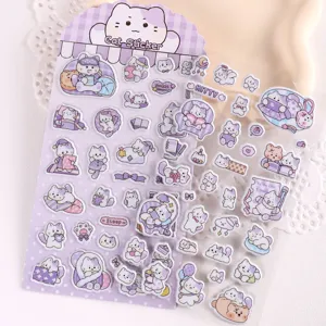 Cute purple cat puffy stickers set for journal and scrapbooking, glossy bubble sticker sheet.