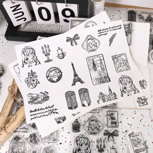Retro PVC stamp stickers set, transparent journaling decorative materials for creative DIY crafts.