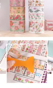 Spring floral washi tape detail view showing cute botanical patterns and journal diy usage.
