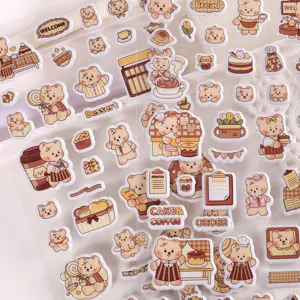 Cute 3D puffy bear stickers sheet, glossy cafe bakery design for journal decorating.