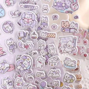 Cute cartoon cat puffy stickers detail view, pink purple decorative journaling sticker sheets for diary crafts
