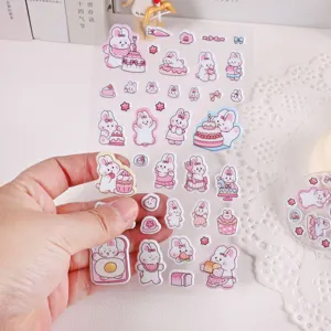 Cute pink bunny puffy stickers for journaling, glossy 3D cartoon stationery deco craft decal.