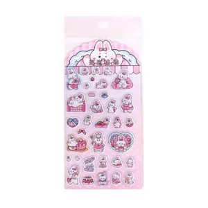 Cute pink rabbit puffy stickers set for journal decoration, sweet cartoon planner stickers.