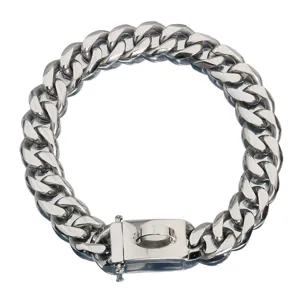 19mm stainless steel heavy duty pet dog cuban link chain collar with secure lock clasp detail.
