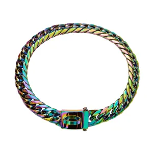 16mm Titanium Steel Pet Dog Cuban Link Chain Collar Rainbow Metal Anti-Bite Product Detail