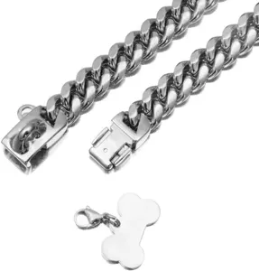 Detailansicht des 14mm Edelstahl Kubanische Kette Hundehalsband mit sicherem Verschluss.