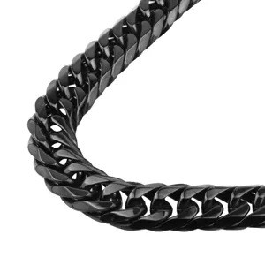 Close-up detail of black stainless steel Cuban link chain, durable metal texture for men.