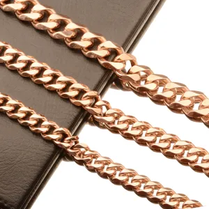 Rose gold plated titanium steel cuban chain necklace close up detail view, fashion jewelry.