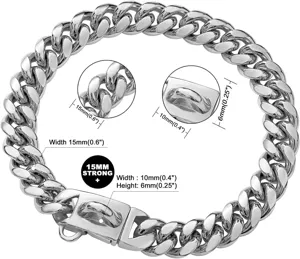 Edelstahl Kubanische Kette Hundehalsband Haustierkette mit sicherem Schloss, 15mm Design.