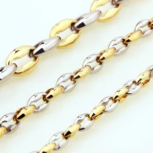 Two-tone coffee bean chain necklace detail close-up, premium stainless steel jewelry link.