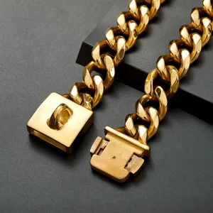 Detailed view of 23mm thick gold stainless steel dog chain collar with metal buckle.