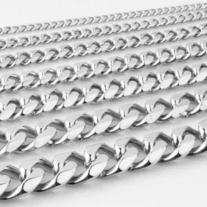 Detailed shot of silver stainless steel Cuban link chains in multiple sizes for men.
