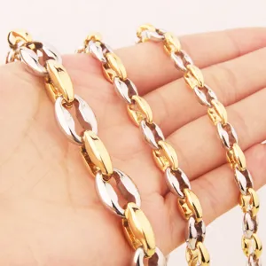 Men two-tone stainless steel coffee bean chain necklace, stylish hollow design, durable men jewelry.