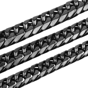 Close-up detail of black stainless steel cuban link chain, polished metal texture display.