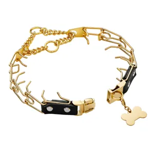 Stainless steel dog training prong collar with leather and bone tag for large dogs pets