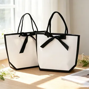 Vue détaillée d'un sac cadeau en papier blanc avec bordure noire et nœud ruban.
