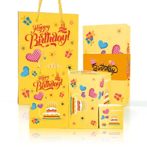 Birthday surprise gift box set with bouncing design, creative yellow gift bags and party supplies.