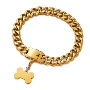 Heavy Duty Stainless Steel Dog Collar Metal Cuban Link Chain With Safety Buckle And Bone Tag For Large Dogs