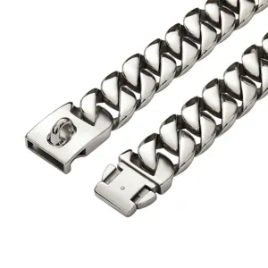 Heavy duty 32mm stainless steel cuban link dog chain collar with secure metal clasp.