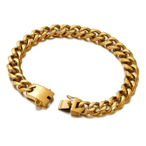 Detailed close-up of a heavy 19mm gold stainless steel cuban link pet chain with secure clasp.