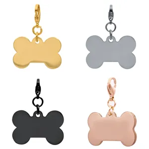 Detail shot of four colored bone shaped pet dog tags stainless steel pendants set