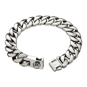 Heavy duty stainless steel cuban link dog collar detail showing secure locking clasp mechanism.