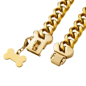 15mm Gold Stainless Steel Pet Dog Chain Collar with Bone Buckle and Cute Pendant
