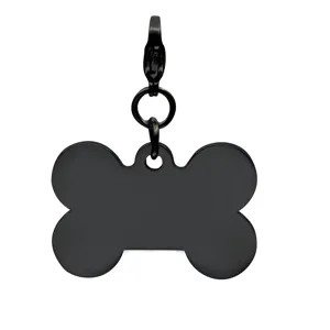 Black stainless steel bone shaped pet ID tag with clip, durable metal dog collar pendant.